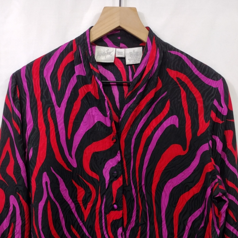 Vintage Jacqueline Ferrar 100% Silk Animal Print Button Shirt Womens 12P Purple - Picture 2 of 7